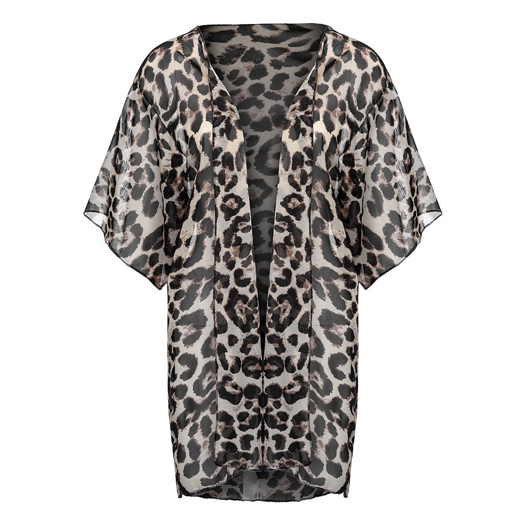Women's Leopard Print Cover Casual Blouse Tops  Kimono Bikini Cardigan Capes Cover #20