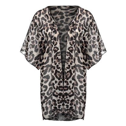 Women's Leopard Print Cover Casual Blouse Tops  Kimono Bikini Cardigan Capes Cover #20