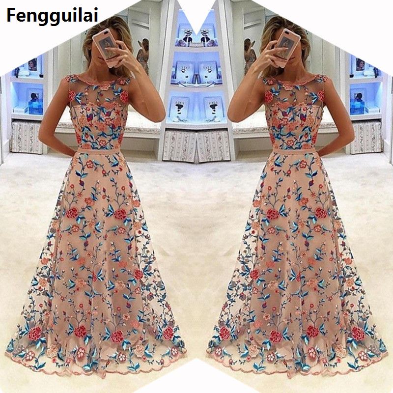Women Long Prom Floral Formal Evening Party Dress Ladies Flower Embroidery Gown Tulle Full Dress
