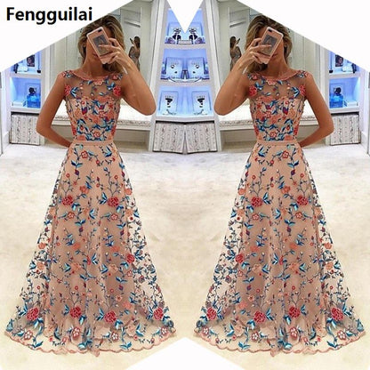 Women Long Prom Floral Formal Evening Party Dress Ladies Flower Embroidery Gown Tulle Full Dress