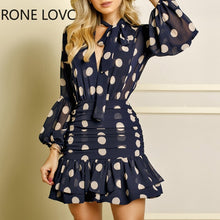 Load image into Gallery viewer, Women Long Sleeves Dot Print Ruffles Mesh Open Back Dress  Elegant Fashion Chic Dress
