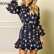 Load image into Gallery viewer, Women Long Sleeves Dot Print Ruffles Mesh Open Back Dress  Elegant Fashion Chic Dress
