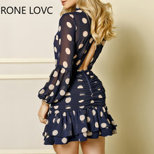 Load image into Gallery viewer, Women Long Sleeves Dot Print Ruffles Mesh Open Back Dress  Elegant Fashion Chic Dress
