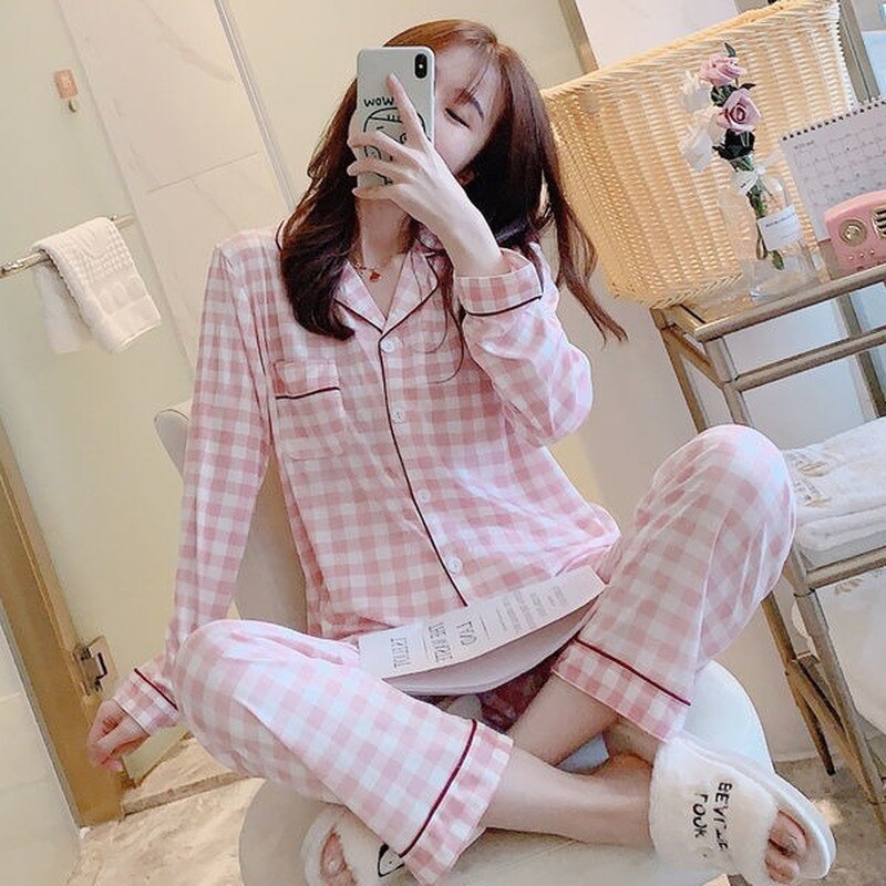 Women Pajama Sets Plaid Button-up Turn-down Collar Long Sleeve Sleep Wear Pockets Simple Japanese Style Students Pajamas Spring