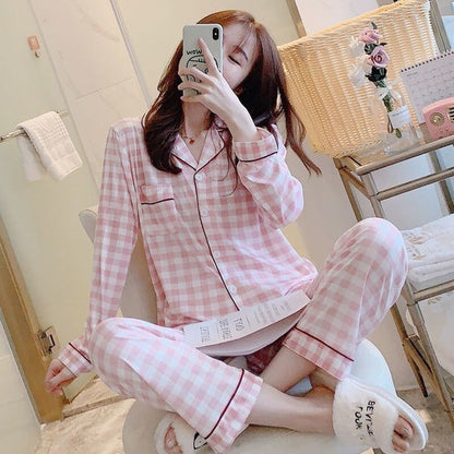 Women Pajama Sets Plaid Button-up Turn-down Collar Long Sleeve Sleep Wear Pockets Simple Japanese Style Students Pajamas Spring