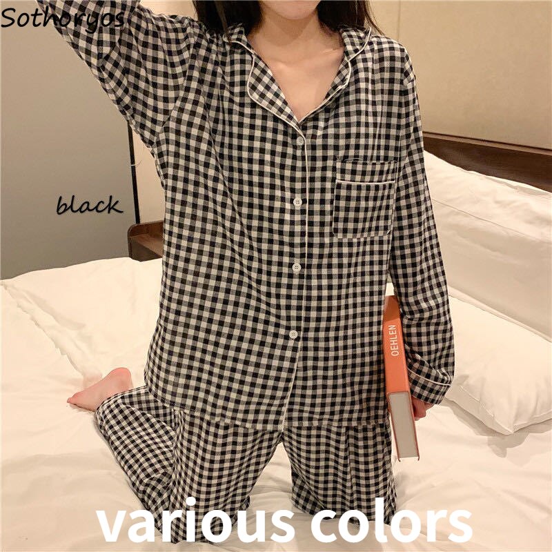 Women Pajama Sets Plaid Button-up Turn-down Collar Long Sleeve Sleep Wear Pockets Simple Japanese Style Students Pajamas Spring