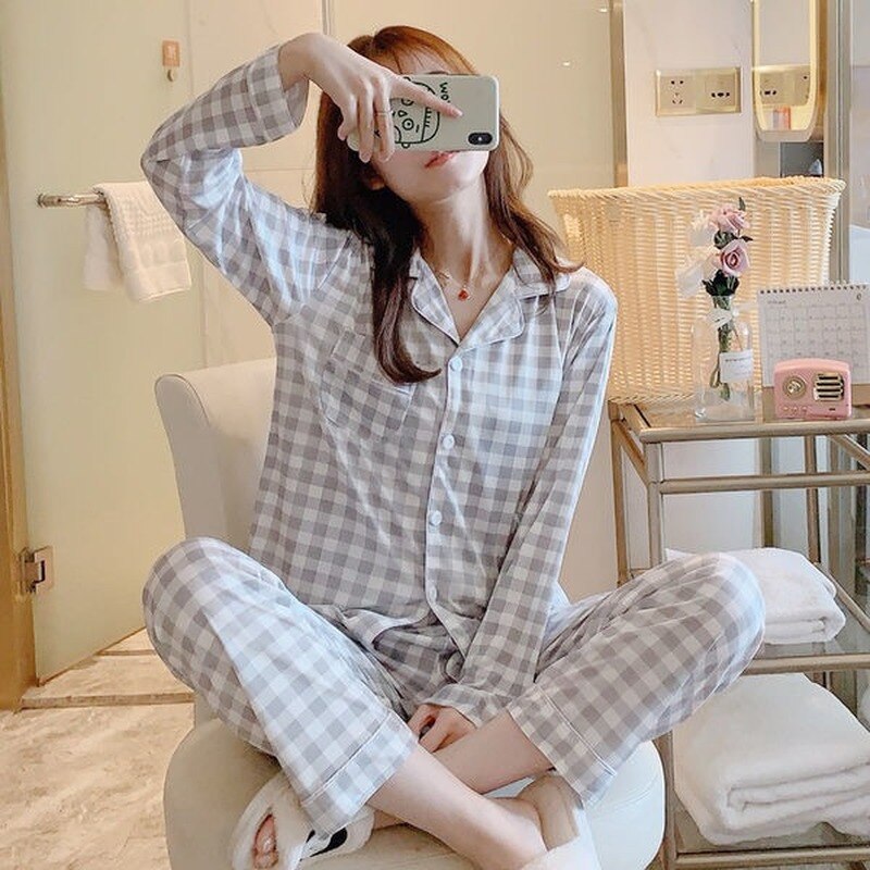 Women Pajama Sets Plaid Button-up Turn-down Collar Long Sleeve Sleep Wear Pockets Simple Japanese Style Students Pajamas Spring