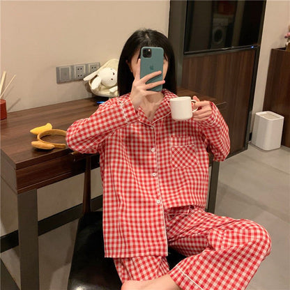 Women Pajama Sets Plaid Button-up Turn-down Collar Long Sleeve Sleep Wear Pockets Simple Japanese Style Students Pajamas Spring