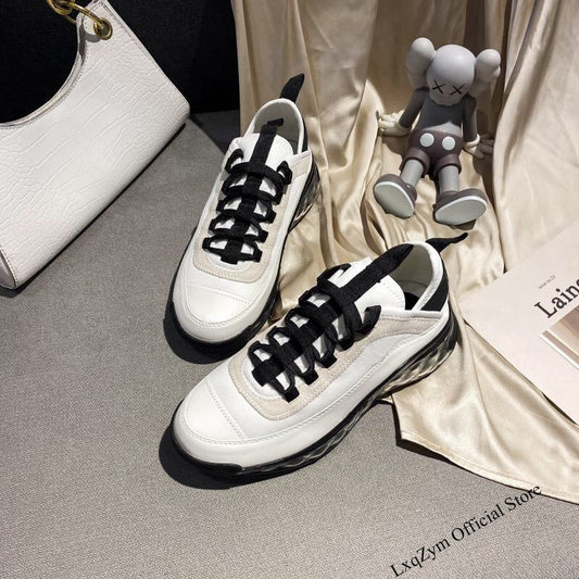 Women Platform Casual Sneakers Brand Black Female Sport Shoes Ladies Real Leather Chunky Round Toe Trainers Italian Style