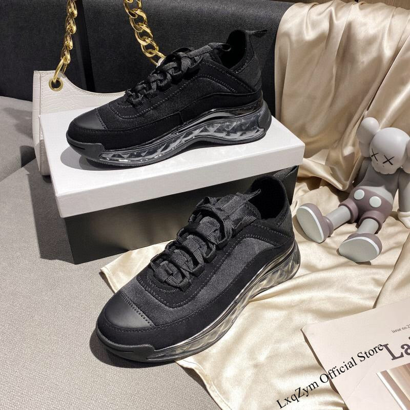 Women Platform Casual Sneakers Brand Black Female Sport Shoes Ladies Real Leather Chunky Round Toe Trainers Italian Style