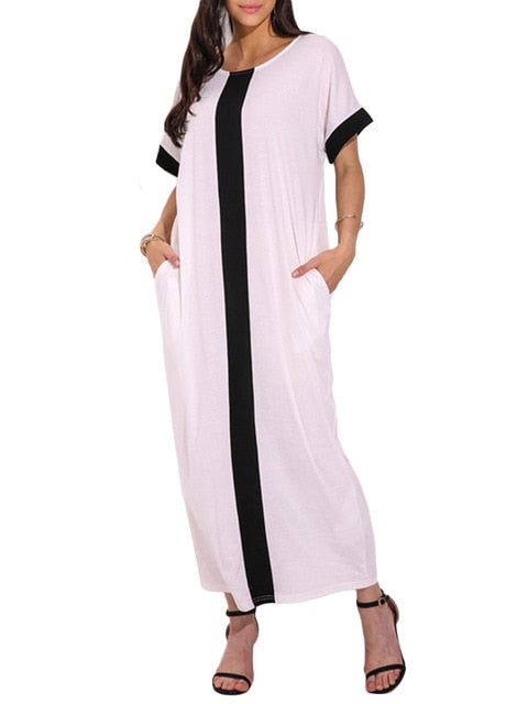 Women's Contrast Panel Shirt Dress Plus Size 3XL 4XL 5XL Robe Dresses O Neck Short Sleeve Casual Loose Maxi Long Dress Summer 2020