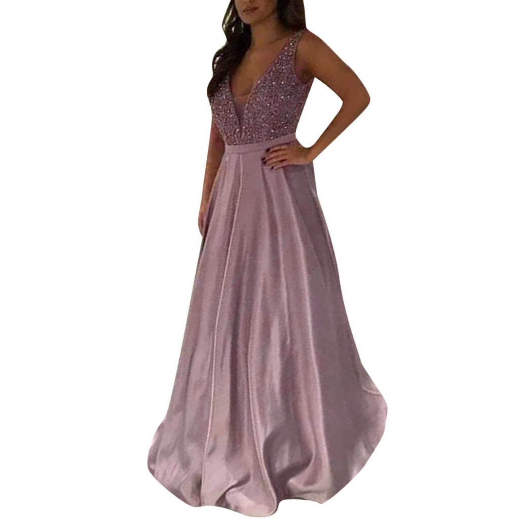 Women Sequined Dress Pink Prom Party Ball Gown Evening V Neck Long Dress Elegant Fashion bodycon dresses women party night