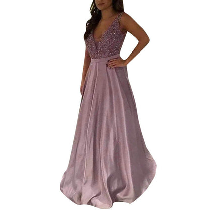 Women Sequined Dress Pink Prom Party Ball Gown Evening V Neck Long Dress Elegant Fashion bodycon dresses women party night