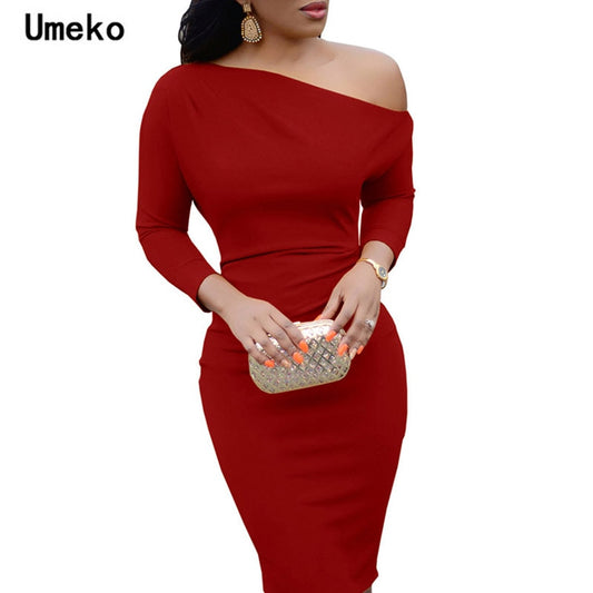 Women Sexy Dress Female Autumn Spring Long Sleeve Knee Length Red Black Pencil Dress Bodycon One-Shoulder Party Dress Vestido