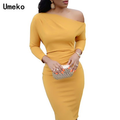 Women Sexy Dress Female Autumn Spring Long Sleeve Knee Length Red Black Pencil Dress Bodycon One-Shoulder Party Dress Vestido