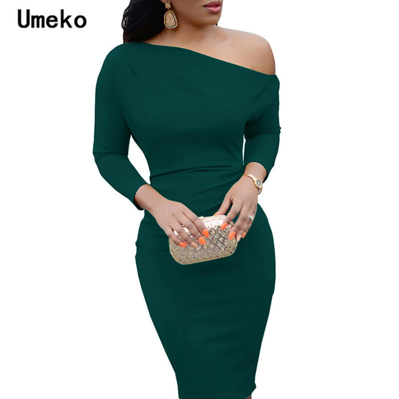 Women Sexy Dress Female Autumn Spring Long Sleeve Knee Length Red Black Pencil Dress Bodycon One-Shoulder Party Dress Vestido