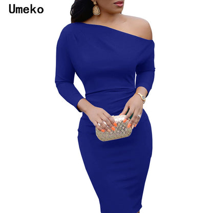 Women Sexy Dress Female Autumn Spring Long Sleeve Knee Length Red Black Pencil Dress Bodycon One-Shoulder Party Dress Vestido