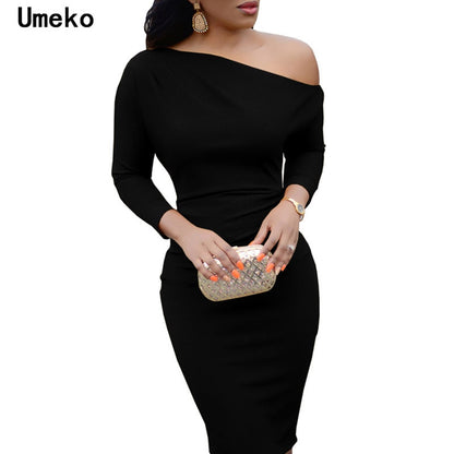 Women Sexy Dress Female Autumn Spring Long Sleeve Knee Length Red Black Pencil Dress Bodycon One-Shoulder Party Dress Vestido