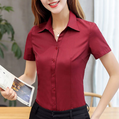Women's Korean Style Cotton Blouse Shirt Plus Size Women Solid V Neck Shirts Elegant Women White Work Shirt XXXL