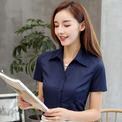 Women's Korean Style Cotton Blouse Shirt Plus Size Women Solid V Neck Shirts Elegant Women White Work Shirt XXXL