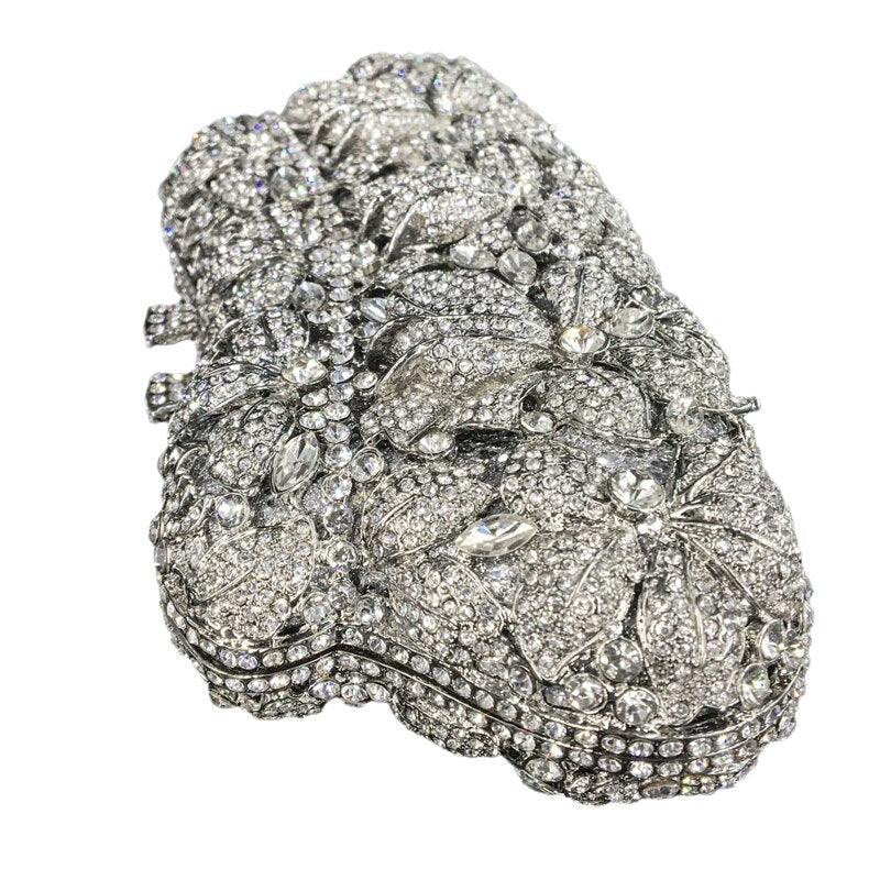 Women Silver Evening Purses and Handbags Wedding Party Dinner Crystal Flower Clutch Bags Minaudiere Bag