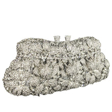 將圖片載入圖庫檢視器 Women Silver Evening Purses and Handbags Wedding Party Dinner Crystal Flower Clutch Bags Minaudiere Bag
