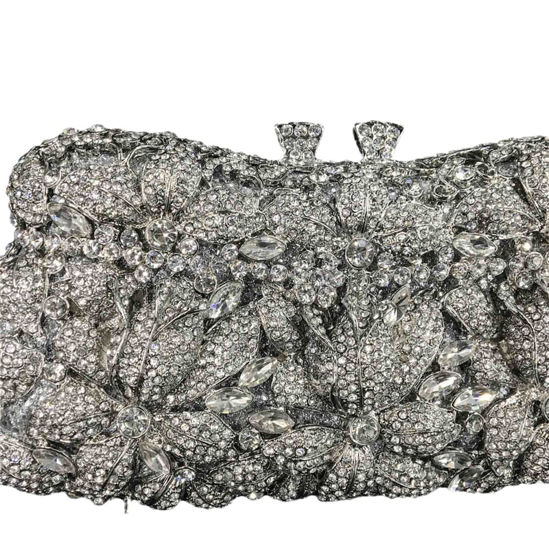 Women Silver Evening Purses and Handbags Wedding Party Dinner Crystal Flower Clutch Bags Minaudiere Bag