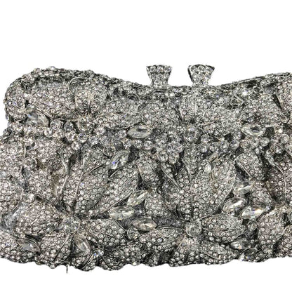 Women Silver Evening Purses and Handbags Wedding Party Dinner Crystal Flower Clutch Bags Minaudiere Bag