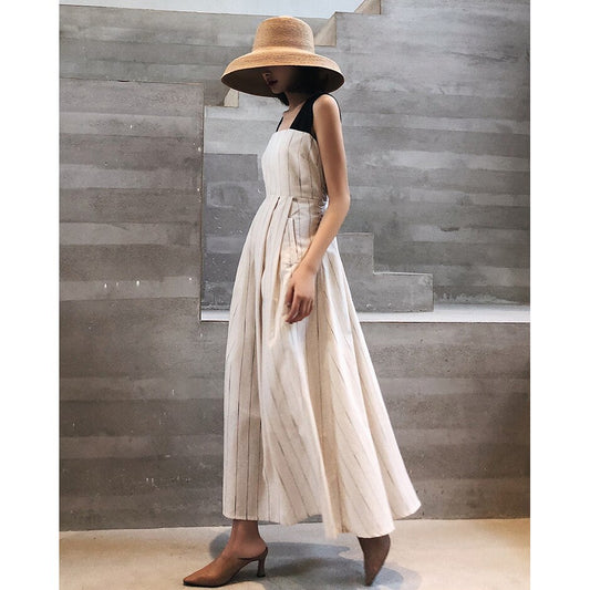 Women's Stripes Dress Cotton and Linen High Waist Retro Swing Vintage Pocket Cross Back Party Casual Dresses Lady Strappy Vestidos