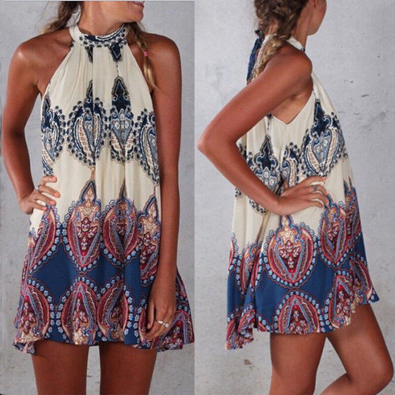 Women Summer Beach Mini Sundress Ladies Casual Sleeveless Swing Boho Short Dress Female Casual Halter mini Dresses New