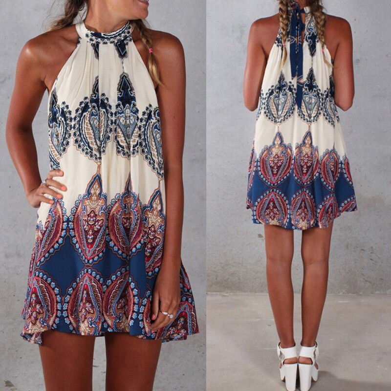 Women Summer Beach Mini Sundress Ladies Casual Sleeveless Swing Boho Short Dress Female Casual Halter mini Dresses New