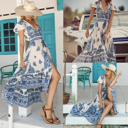 Women's Summer Boho Long Beach Dress Casual Sundress Women Casual Print V Neck Short Sleeve Mid Calf Loose Dresses