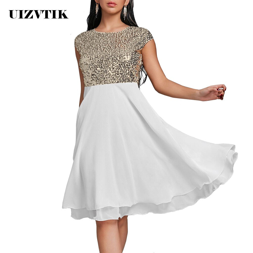 Women's Summer Dress 2020 Elegant Sexy Sequin Evening Party Dress Casual Plus Size Slim Chiffon Ball Gown Dresses White Black 5XL