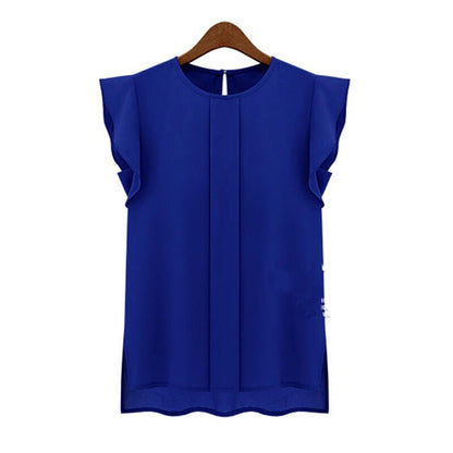 Women Summer Elegant Blouse Office Lady Solid Short Sleeve Chiffon Shirt Ruffle Top