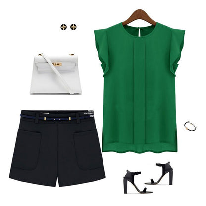 Women Summer Elegant Blouse Office Lady Solid Short Sleeve Chiffon Shirt Ruffle Top