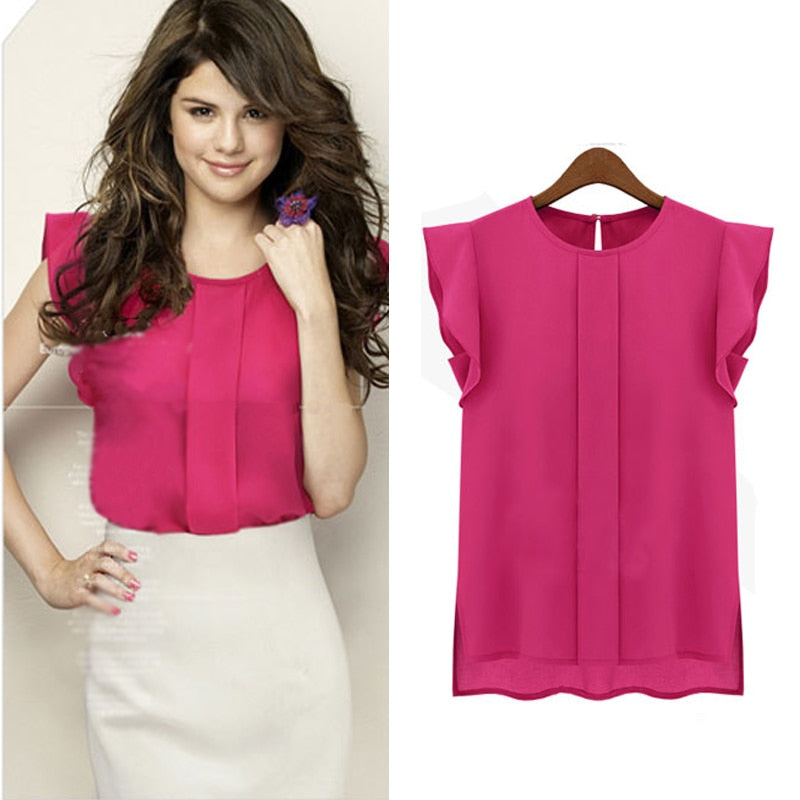 Women Summer Elegant Blouse Office Lady Solid Short Sleeve Chiffon Shirt Ruffle Top