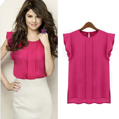 Women Summer Elegant Blouse Office Lady Solid Short Sleeve Chiffon Shirt Ruffle Top
