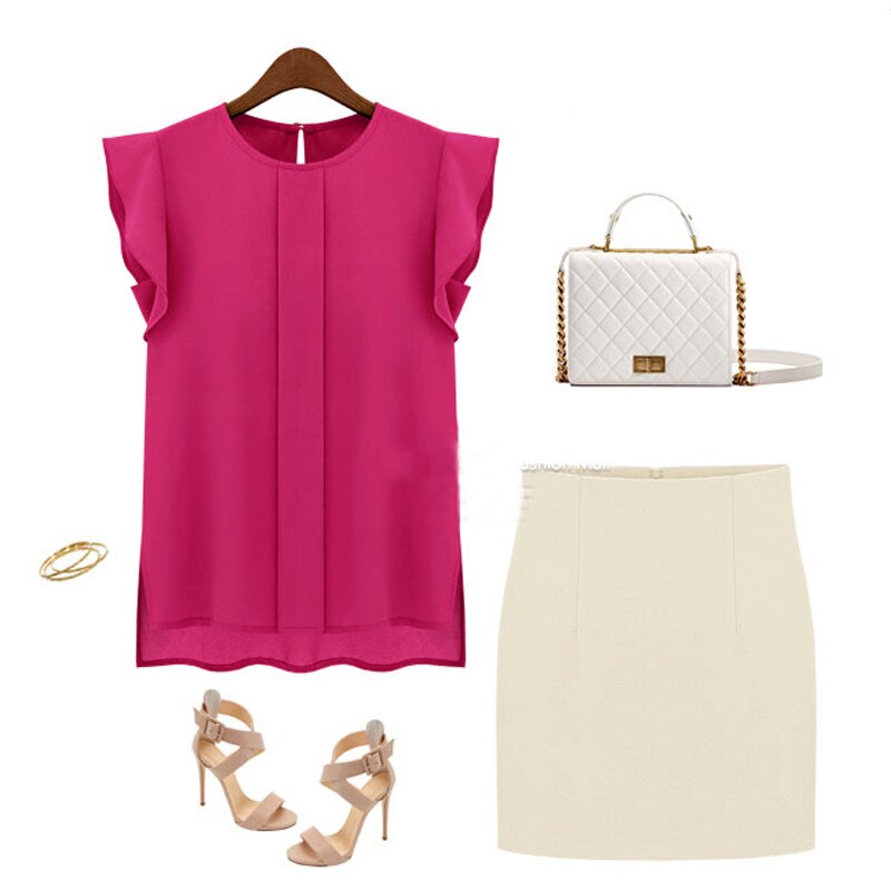 Women Summer Elegant Blouse Office Lady Solid Short Sleeve Chiffon Shirt Ruffle Top