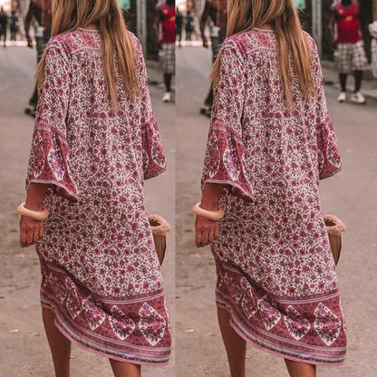 Women Summer Maxi Dress Boho Flowers Print Button Down Flare Sleeve Loose Dress Casual dresses woman party night beach dresses