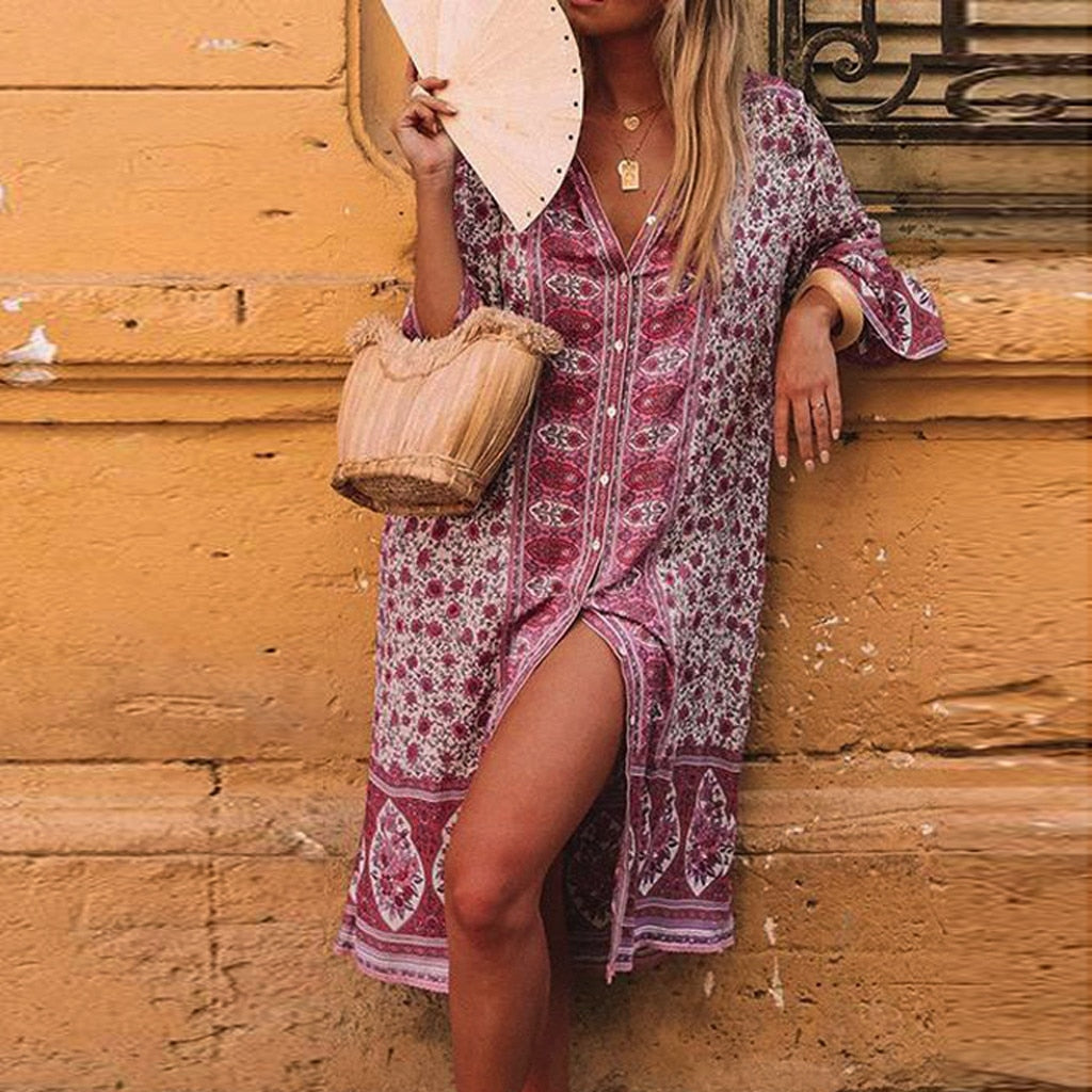 Women Summer Maxi Dress Boho Flowers Print Button Down Flare Sleeve Loose Dress Casual dresses woman party night beach dresses
