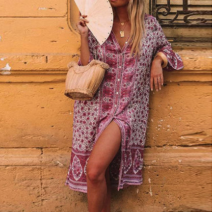 Women Summer Maxi Dress Boho Flowers Print Button Down Flare Sleeve Loose Dress Casual dresses woman party night beach dresses