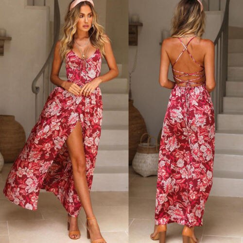 Women's Summer Sleeveless Floral Dress Evening Party Beach Long Dress Summer Backless Strap bohemian beach dress