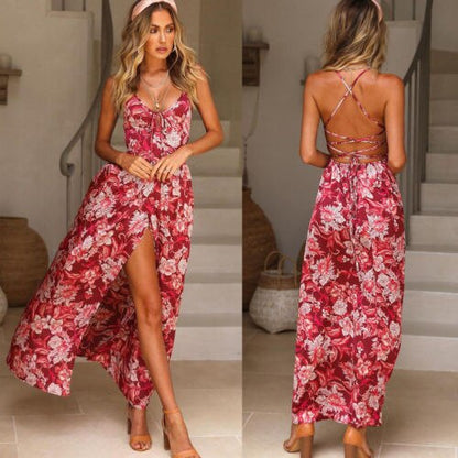 Women's Summer Sleeveless Floral Dress Evening Party Beach Long Dress Summer Backless Strap bohemian beach dress