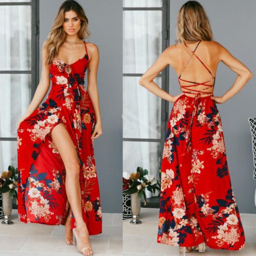 Women's Summer Sleeveless Floral Dress Evening Party Beach Long Dress Summer Backless Strap bohemian beach dress