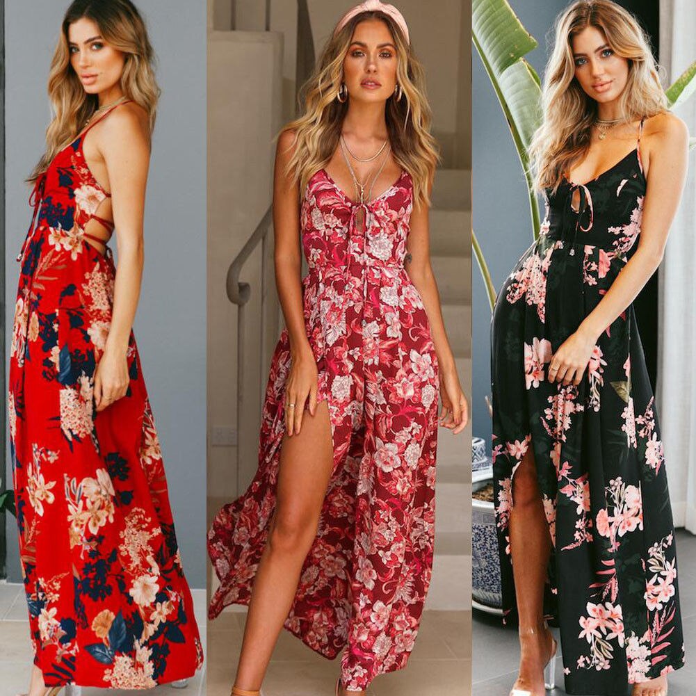 Women's Summer Sleeveless Floral Dress Evening Party Beach Long Dress Summer Backless Strap bohemian beach dress