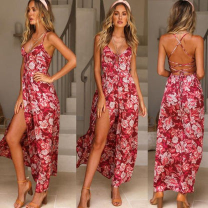 Women's Summer Sleeveless Floral Dress Evening Party Beach Long Dress Summer Backless Strap bohemian beach dress