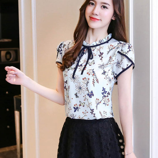 Women Summer Tops Chiffon Blouses Ladies Floral Print Feminine Blouse Short Sleeve Blusas Plus Size 3XL Tops
