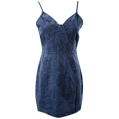 Women's Summer V-neck Denim Spaghetti Strap Bodycon Sexy Bandage Evening Party Denim Jeans Short Mini Dress