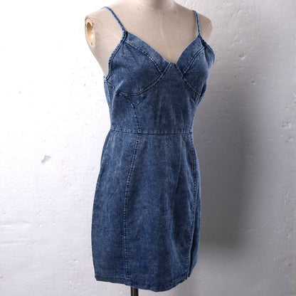 Women's Summer V-neck Denim Spaghetti Strap Bodycon Sexy Bandage Evening Party Denim Jeans Short Mini Dress