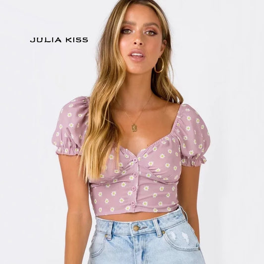 Women Sweetheart Neckline Button Up Crop Top with Puff sleeves Little Daisy Crop Blouse